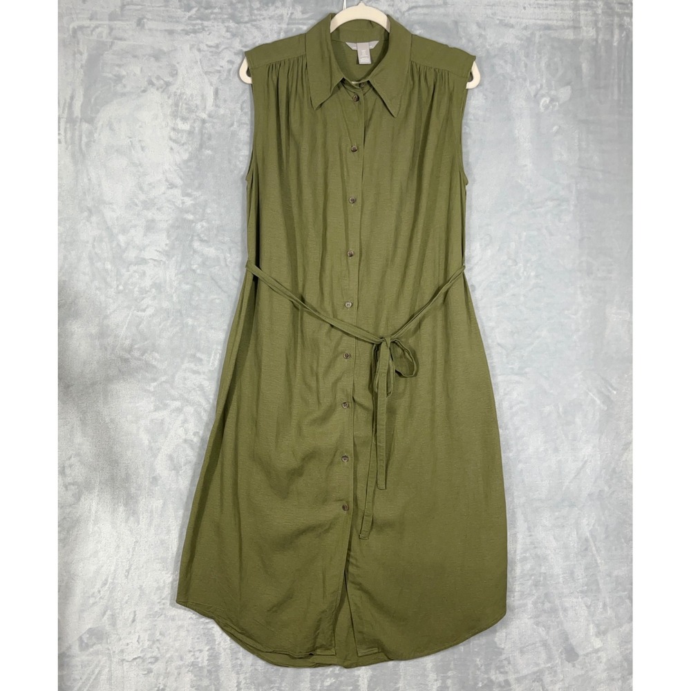 H&M‎ Midi Shirt Dress M Olive Green Linen Blend Sleeveless Button Front Minimal